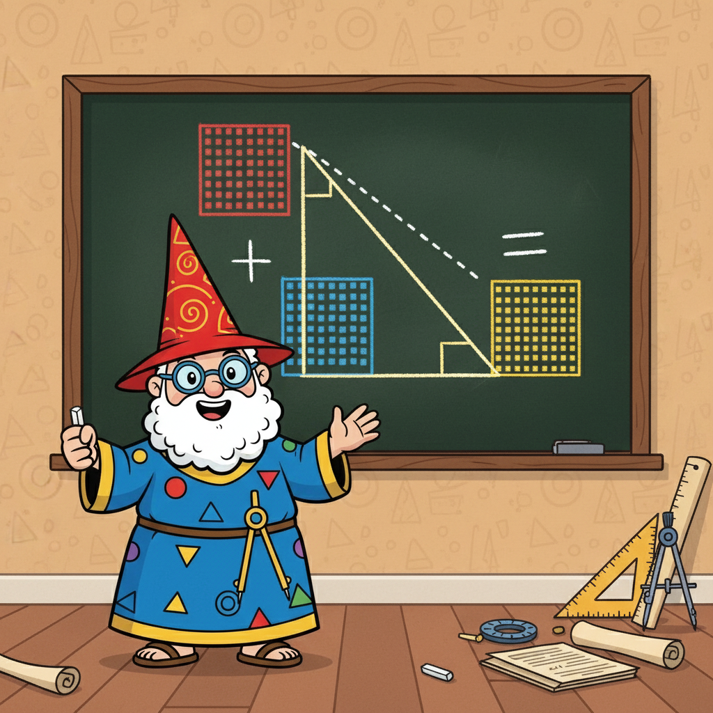 Pythagoras excitedly experimented with squares. He drew squares on each side of the right-angled triangle. He discovered the amazing relationship between the area of the squares and the sides of the triangle.