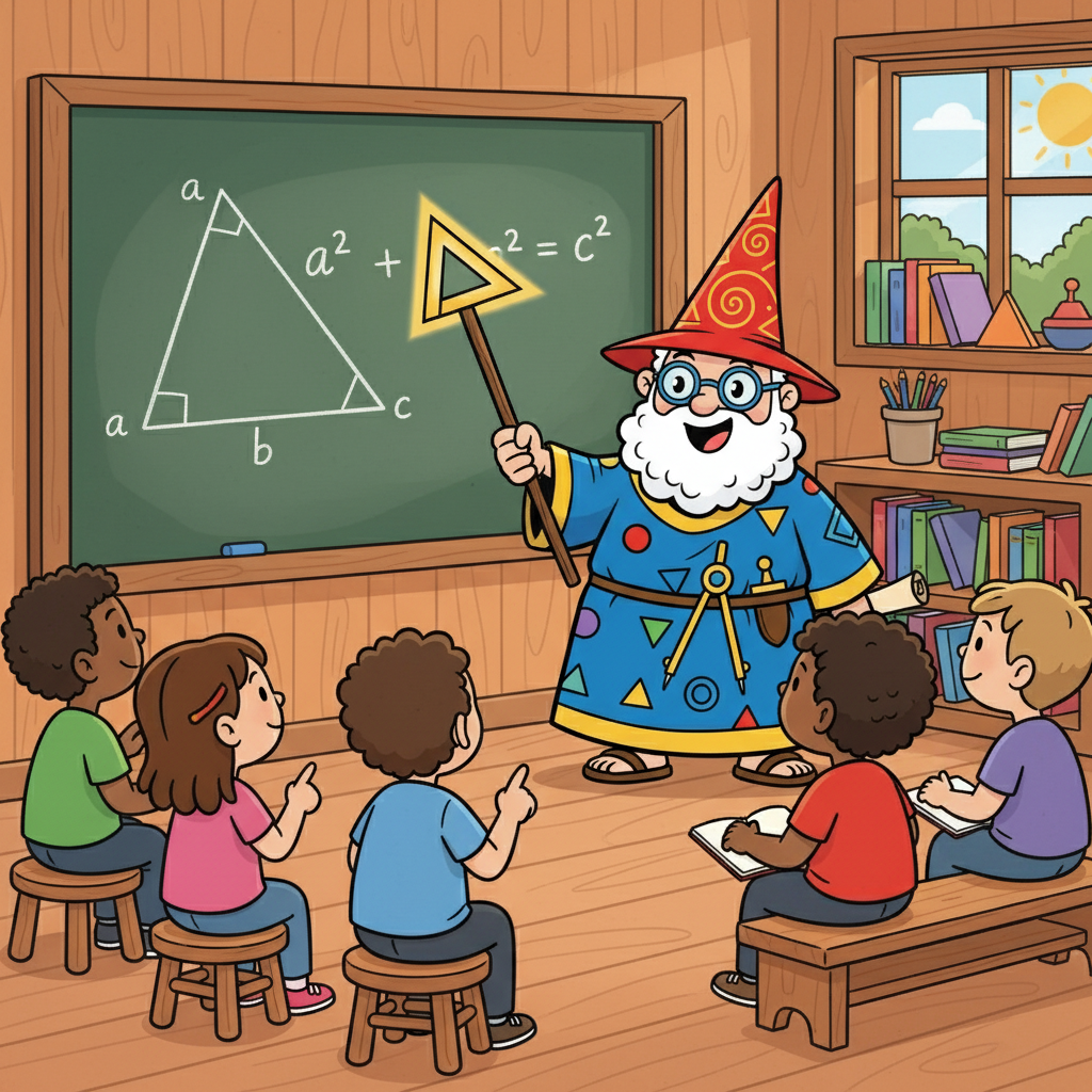 He exclaimed with delight: The square of the longest side (the hypotenuse) was always equal to the sum of the squares of the other two sides! He shared his discovery with his students, eager to reveal this powerful truth.