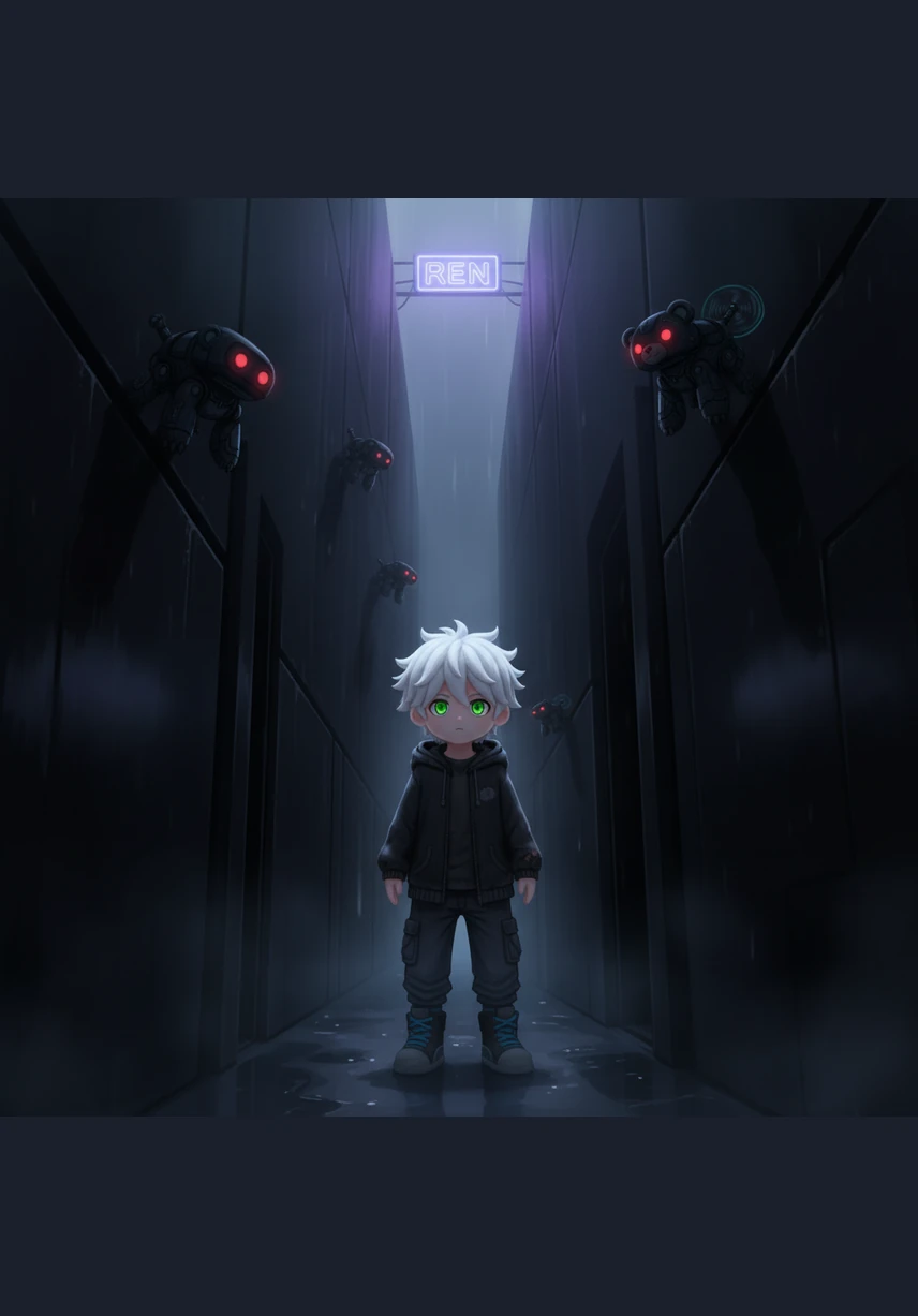 Ren stands in a narrow alleyway, surrounded by towering, smooth black walls that block out the sky. The air is cold, and the only light comes from a faint, flickering neon sign far above. He feels small but determined, his green eyes scanning the shadows for a way out.
