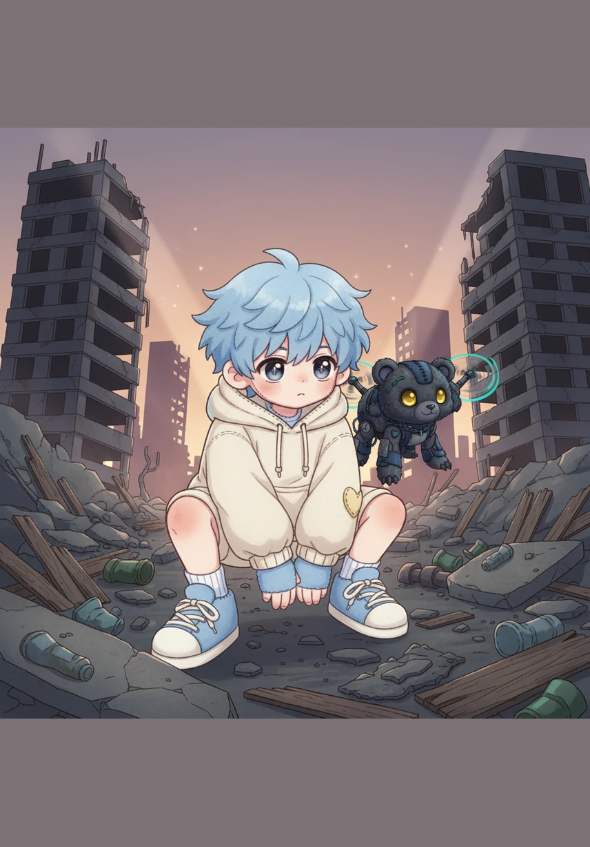 Suddenly, a glint of light catches his eye on the ground amidst the urban debris. He reaches down and picks up a mysterious trading card that pulses with a rhythmic, golden glow. As his fingers touch the surface, a surge of warmth travels up his arm.