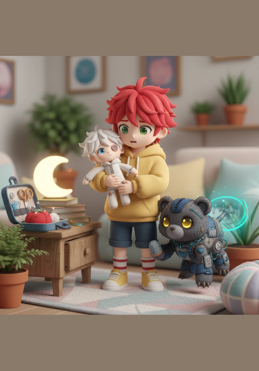 Ren holds the card high, and it begins to emit a swirling vortex of brilliant white and blue light. The intense radiance cuts through the oppressive darkness of the black walls. His spiky red hair glows in the reflection of the card’s sudden awakening.