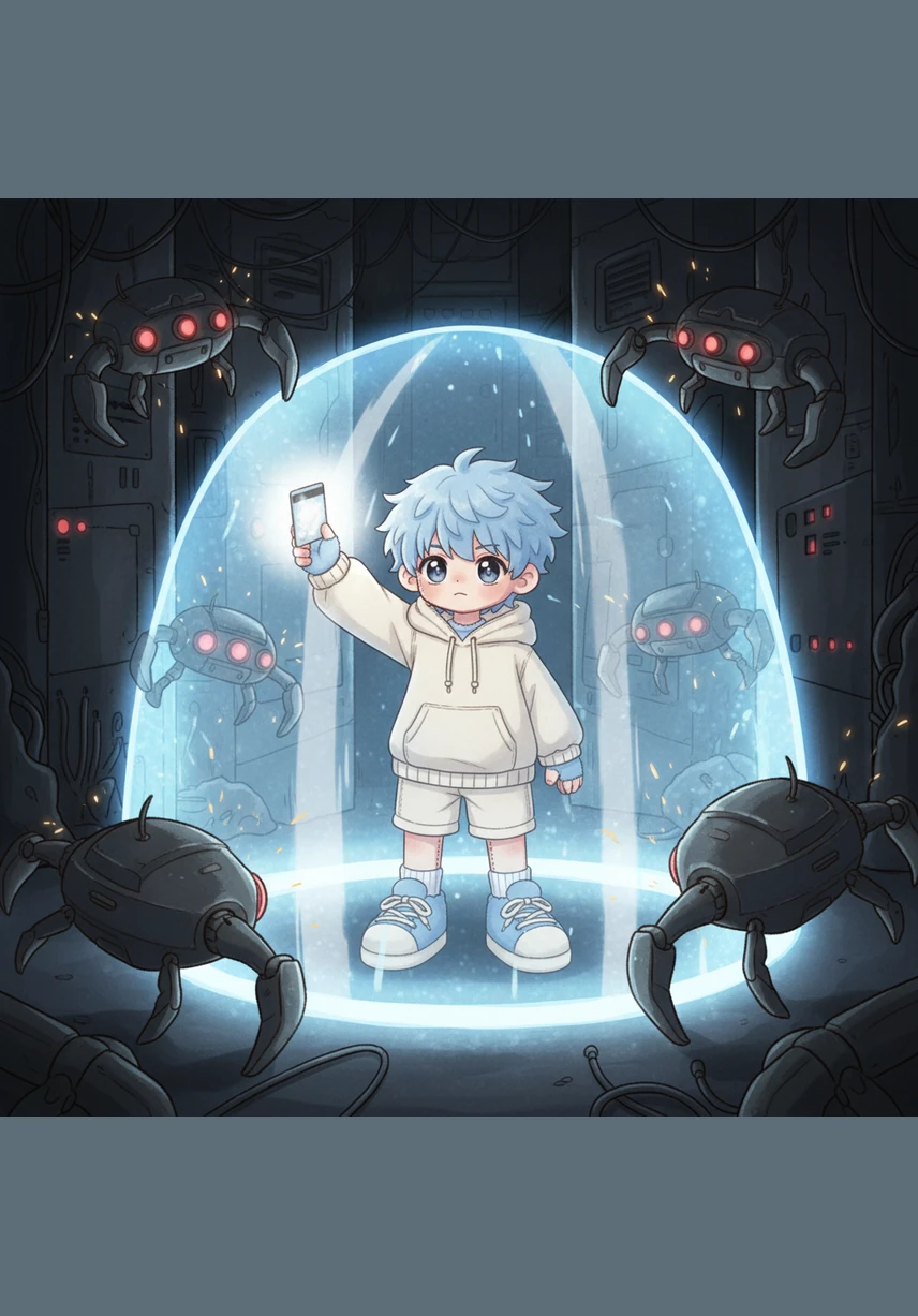 From the shadows of the black walls, dark mechanical drones emerge to stop him. Ren quickly swipes the card through the air, creating a shimmering shield of light. The drones recoil, unable to penetrate the vibrant energy protecting the boy.