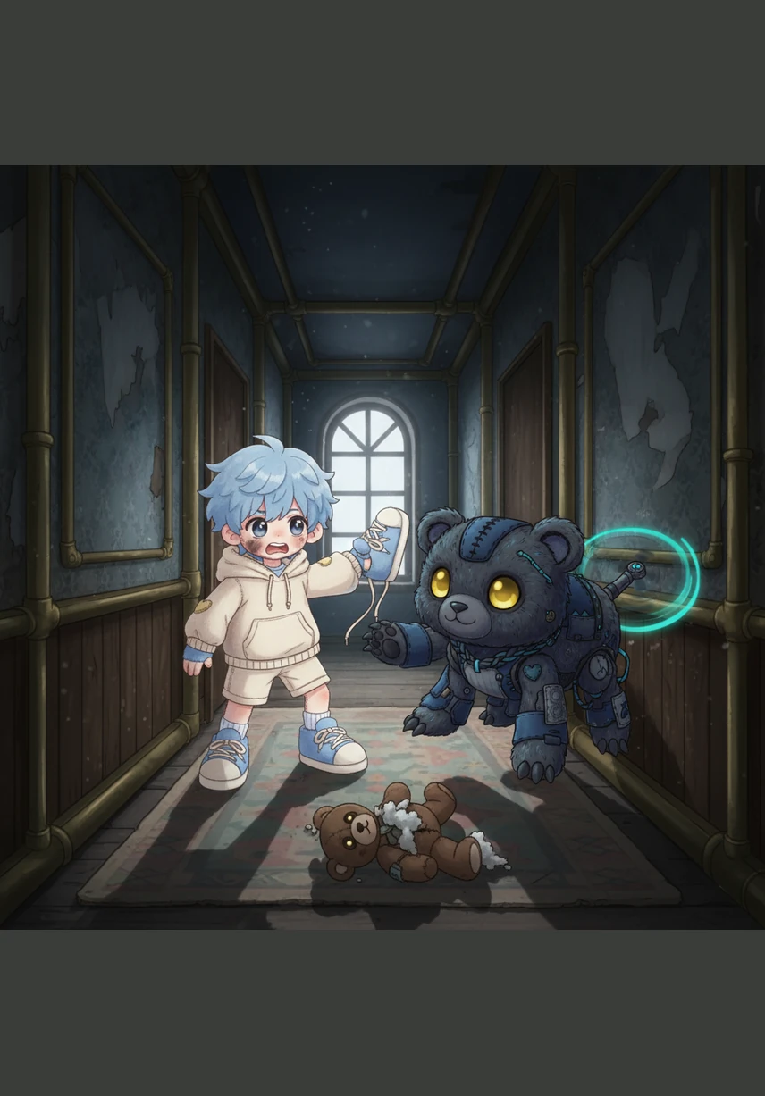 With a powerful shout, Ren thrusts the card toward the tallest black wall. A massive beam of prismatic light erupts from the card, striking the dark surface with the force of a falling star. The impact creates a deafening roar that echoes through the narrow corridor.