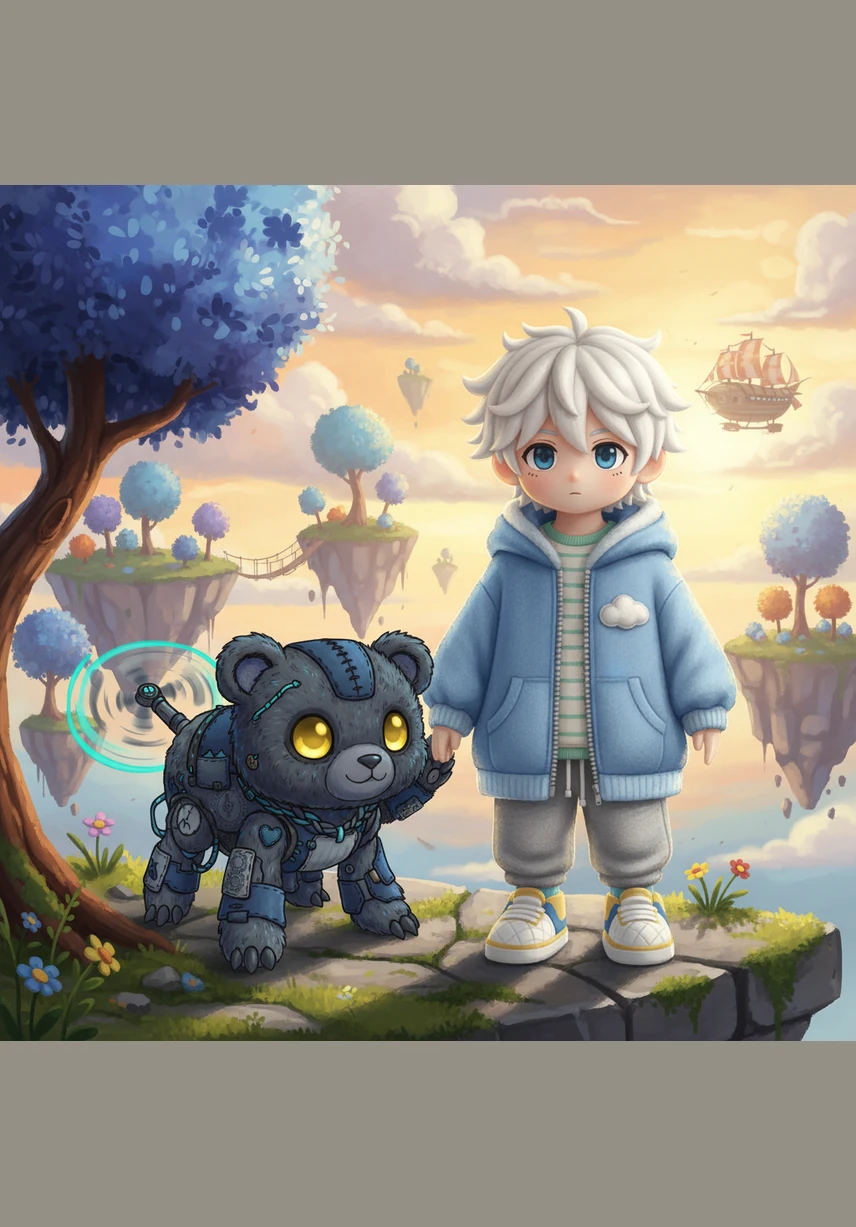 Now standing on a high ledge overlooking the vibrant cityscape, Ren looks at the card, which is now humming softly. He realizes he is not just a lost boy, but a Guardian of the Light. The wind ruffles his hair as he takes in the breathtaking view of the futuristic world.