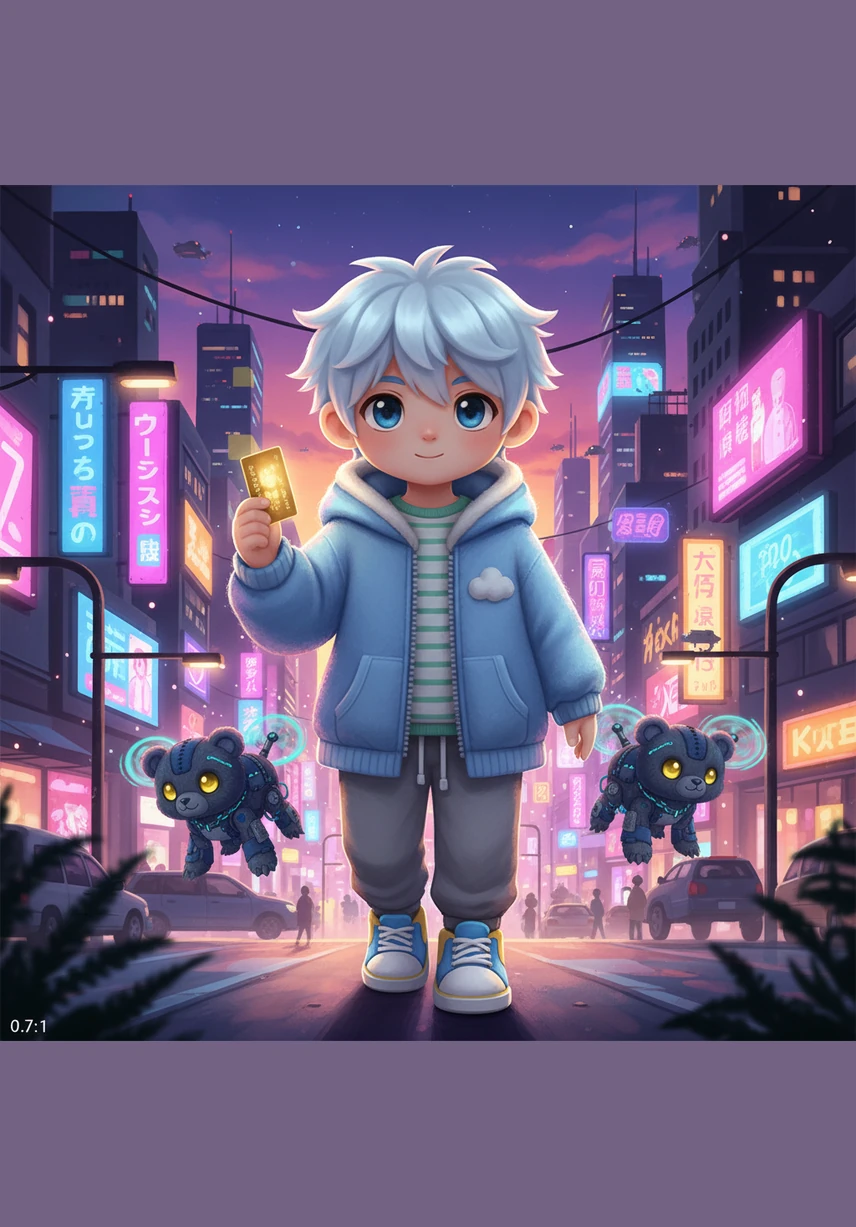 As the sun sets completely, Ren walks toward the heart of the neon city, ready for his next adventure. The card remains held firmly in his hand, a beacon of hope in a world of shadows. He knows that as long as he has his courage and his card, no wall can ever hold him back.