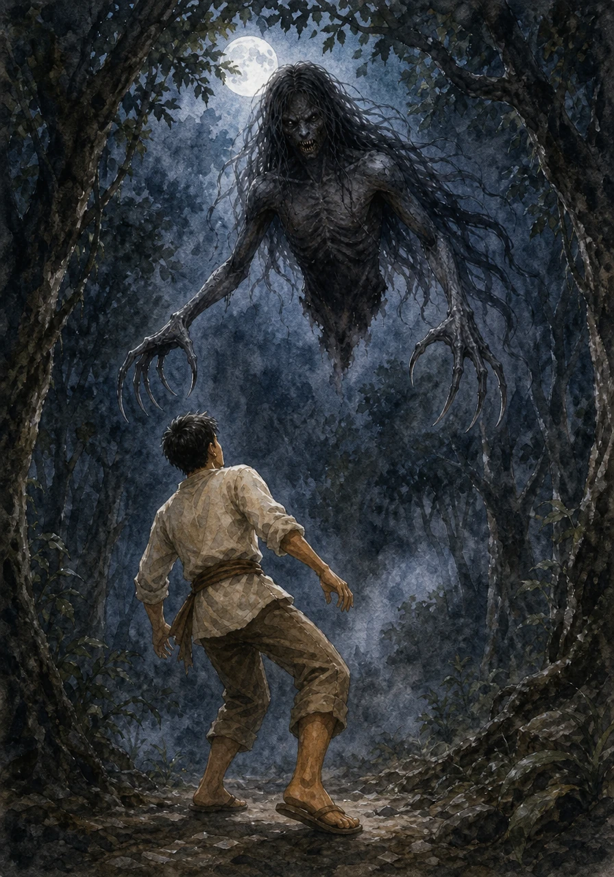 A terrifying silhouette emerges from the canopy, its body severed at the waist and floating with unnatural grace. This is the Aswang, with skin like charred wood, long matted hair trailing behind it, and claws that glint like knives in the moonlight.