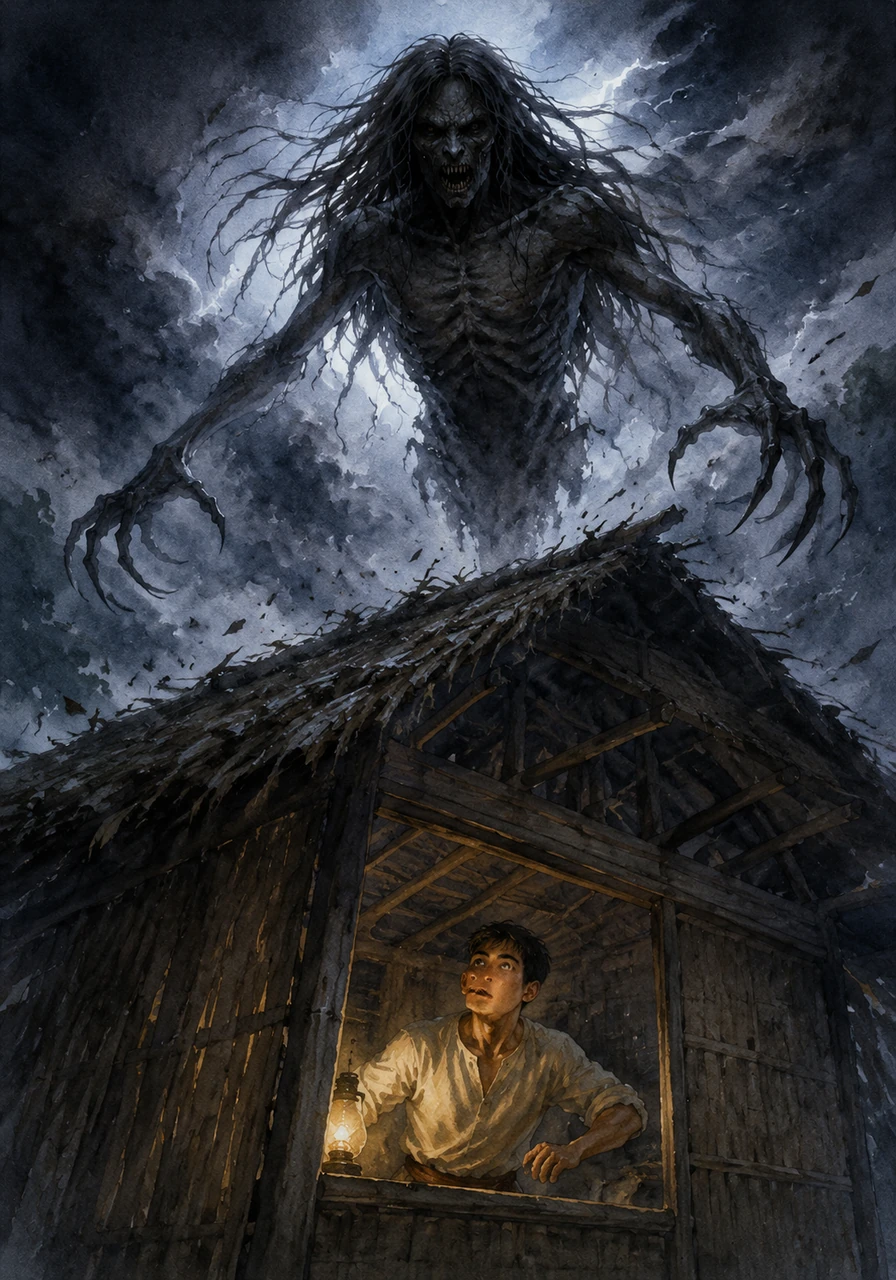 The 'Tik-tik' sound reaches a deafening crescendo right above Berto's roof, followed by a low, guttural groan that vibrates through the walls. The wind howls violently, shaking the hut as the Aswang descends, its presence bringing a heavy, suffocating chill to the air.