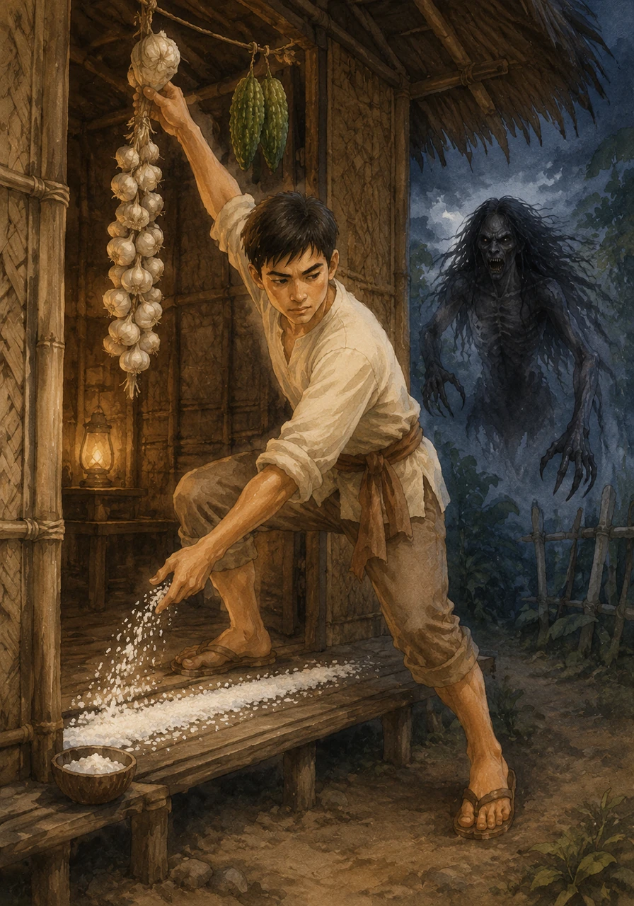 Anticipating the attack, Berto quickly moves to protect his home using the old ways passed down through generations. He spreads coarse salt across the threshold and hangs pungent garlic and bitter papaya fruit at the entrance to ward off the evil spirit.
