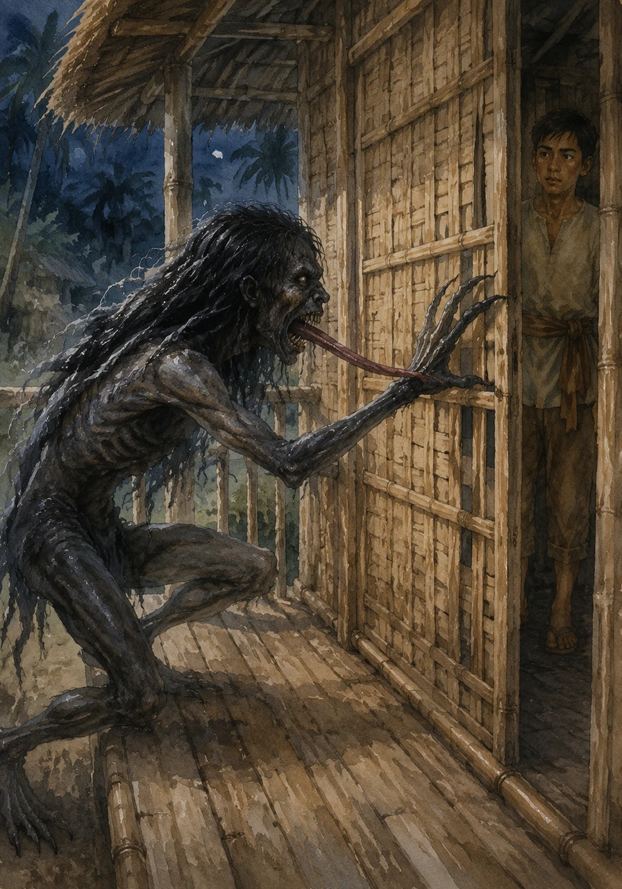 The Aswang lands heavily on the porch, its long, thin tongue flicking through the cracks in the bamboo door. It hisses in anticipation, reaching out with its sharp, dark claws to tear its way into the silent house, searching for a way inside.