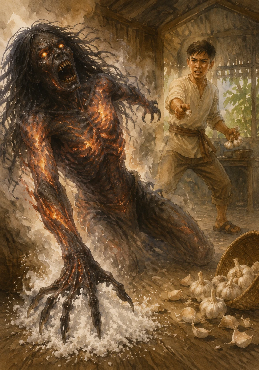 As the creature’s hands touch the salt and the scent of garlic hits its nose, it recoils with a scream of pure agony. The natural elements burn its cursed flesh like hot iron, and it thrashes in pain, its eyes glowing with a mixture of shock and fury.