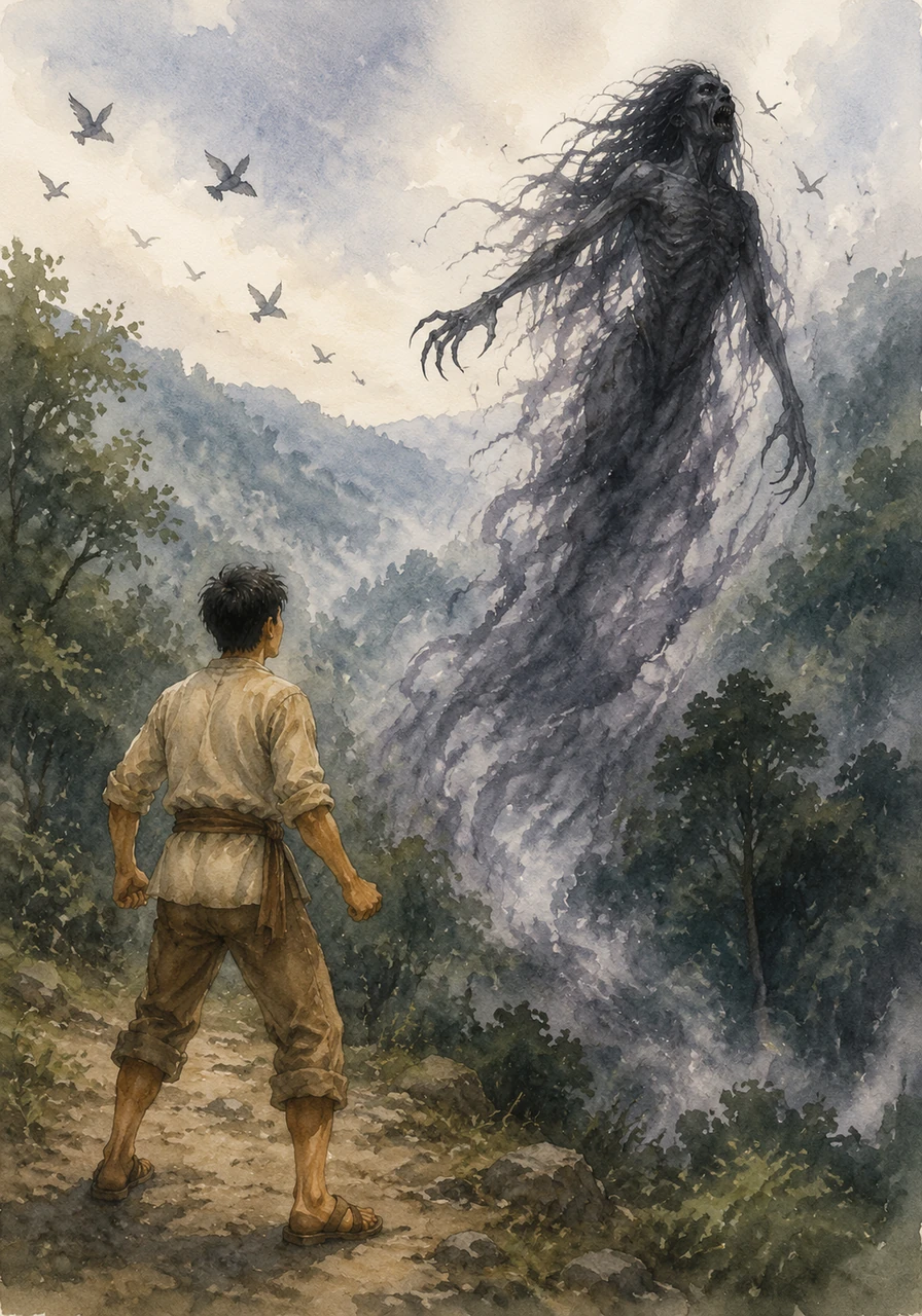 Defeated by Berto's preparation, the Aswang lets out a final, haunting cry that echoes across the valley and wakes the distant birds. It gathers its dark, floating form and flees back into the deepest parts of the forest, disappearing into the swirling mist.