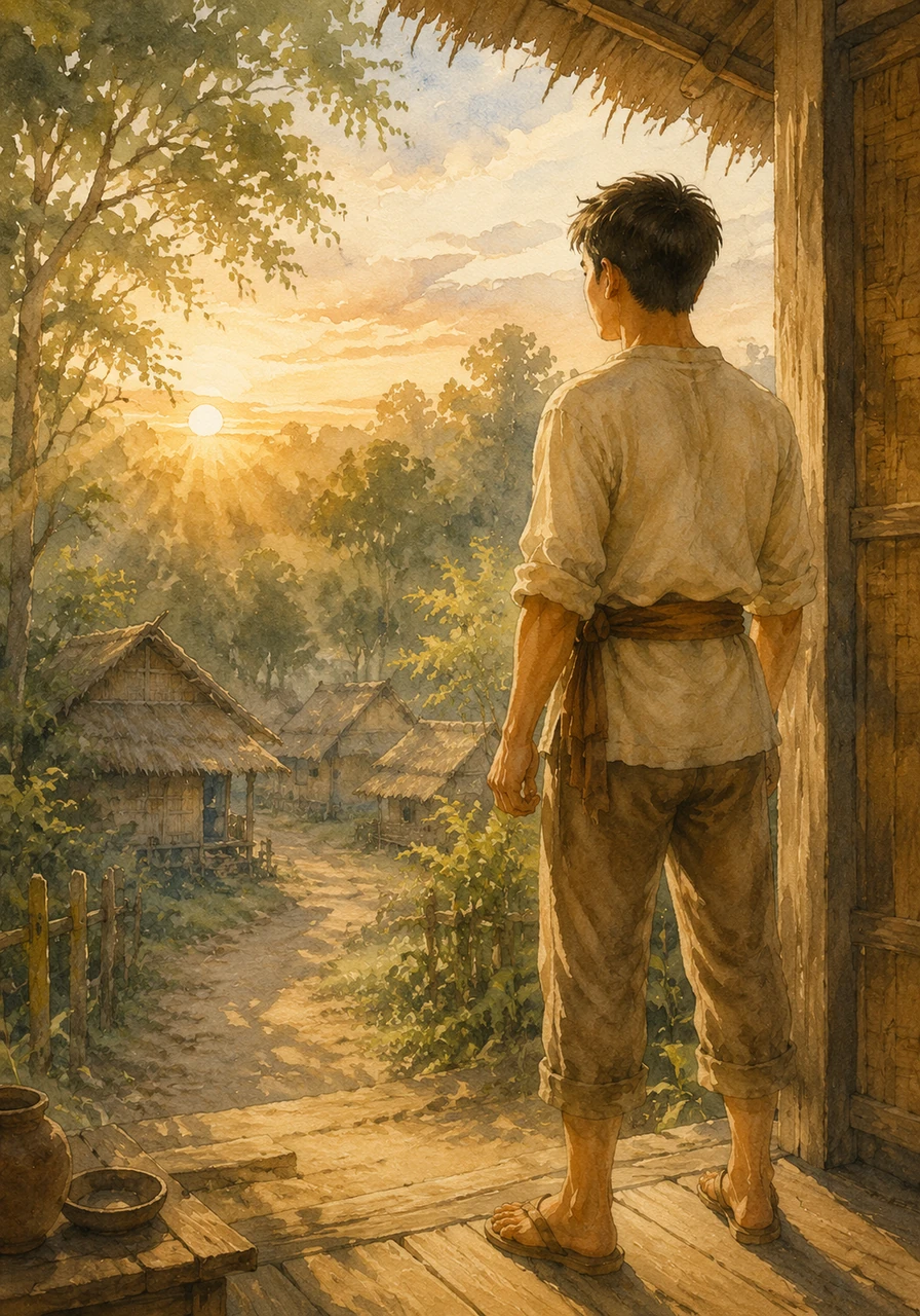 With the arrival of the morning sun, the village is finally at peace, bathed in warm, golden light that chases away the shadows. Berto stands at his doorway, looking out at the quiet forest, knowing that his courage and the old traditions have kept the darkness away.