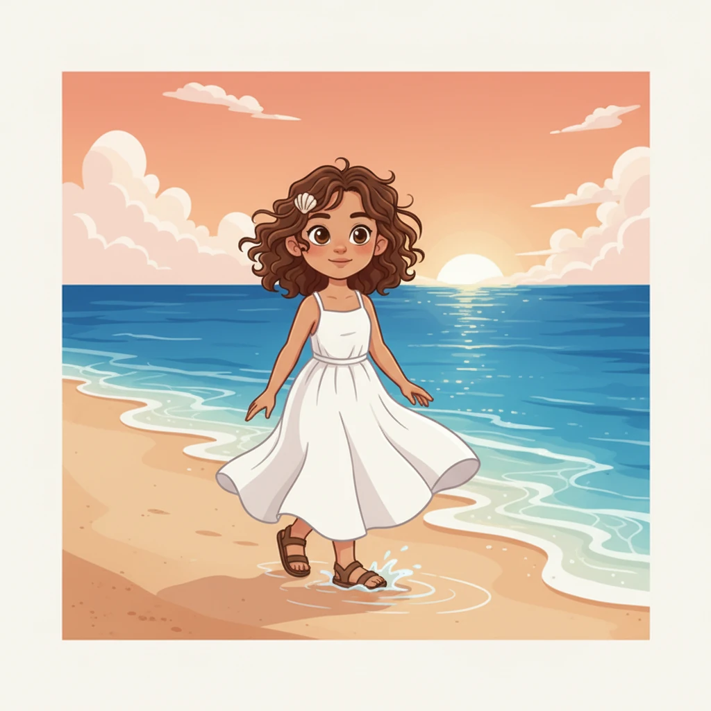 Aria, a girl with long, dark hair, walked gracefully along the sandy beach. Her white dress billowed gently in the sea breeze as the morning sun kissed her face, illuminating her serene expression. The vast, blue ocean stretched out behind her, shimmering invitingly.