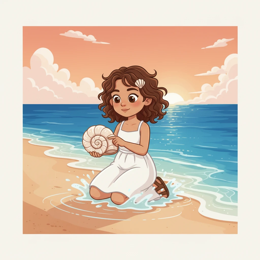 She paused to gaze at a delicate seashell, its pearly colors catching the light. Her fingers gently traced its intricate patterns, a small smile playing on her lips. The waves whispered secrets at her feet, leaving foamy trails on the sand.