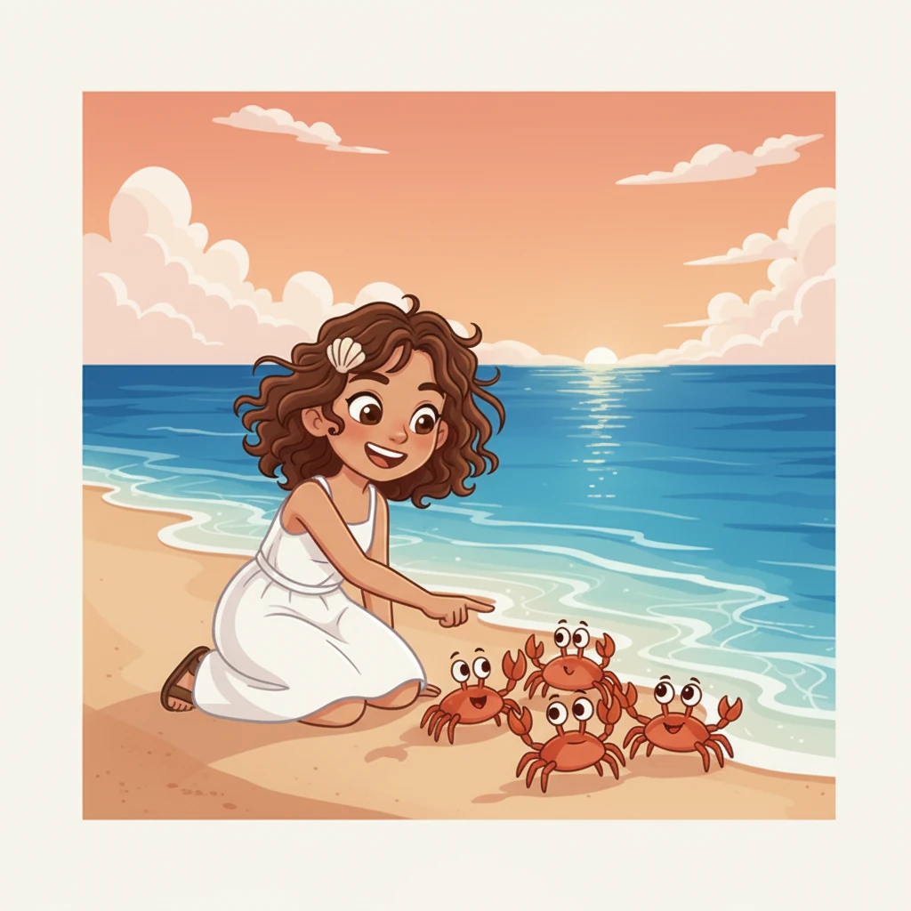 Further along, Aria discovered a group of playful crabs scuttling sideways on the wet sand. She giggled softly, watching their comical movements, careful not to disturb their morning routine. The air was filled with the fresh scent of salt and sea.