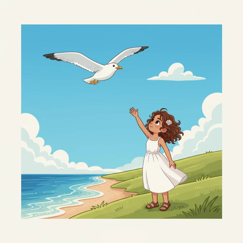A majestic seagull soared overhead, its white wings spread wide against the clear sky. Aria looked up, her eyes following its graceful flight, imagining herself flying just as freely. The sound of its cry echoed softly in the distance.