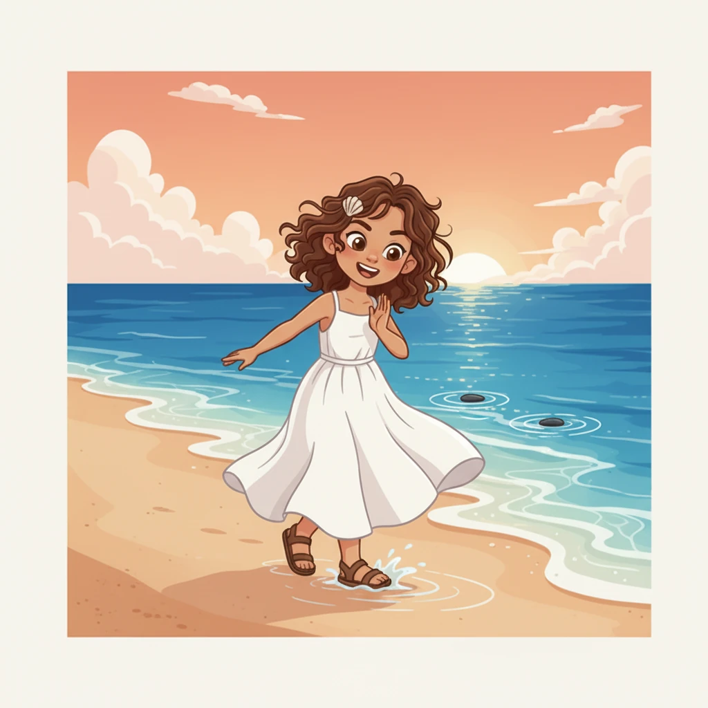 She found a smooth, flat stone and, with a thoughtful expression, skipped it across the calm water. The stone bounced three times before disappearing beneath the surface, creating ripples that expanded across the ocean's face. She clapped her hands with delight.