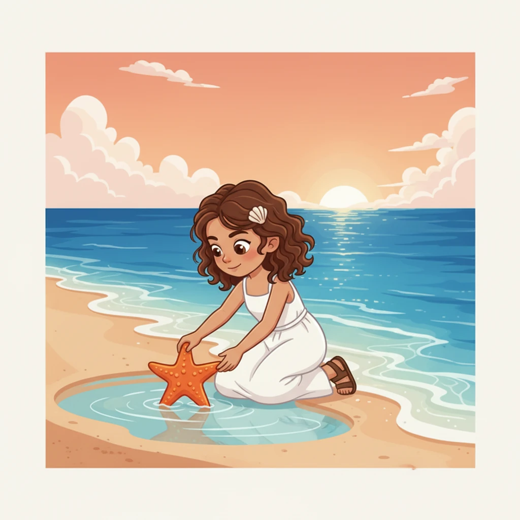 A brightly colored starfish, vibrant orange against the muted sand, caught her eye. She carefully picked it up, admiring its unique shape and texture before gently placing it back in a shallow tide pool. Its tiny arms seemed to wave goodbye.