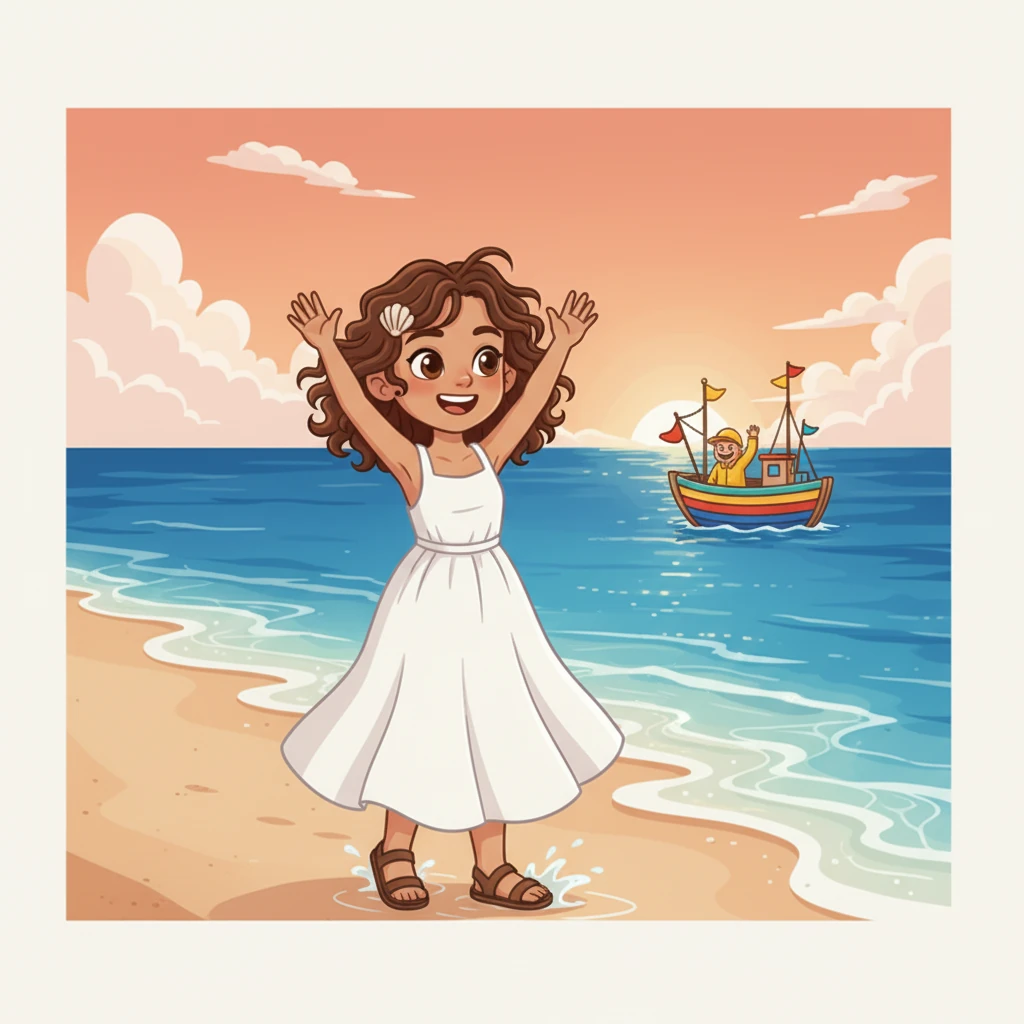 Later, she encountered a small fishing boat, its colorful flags fluttering in the breeze, bobbing gently on the water. A friendly fisherman waved to her from afar, and she waved back, feeling a connection to the world around her. The boat looked like a tiny toy on the vast sea.
