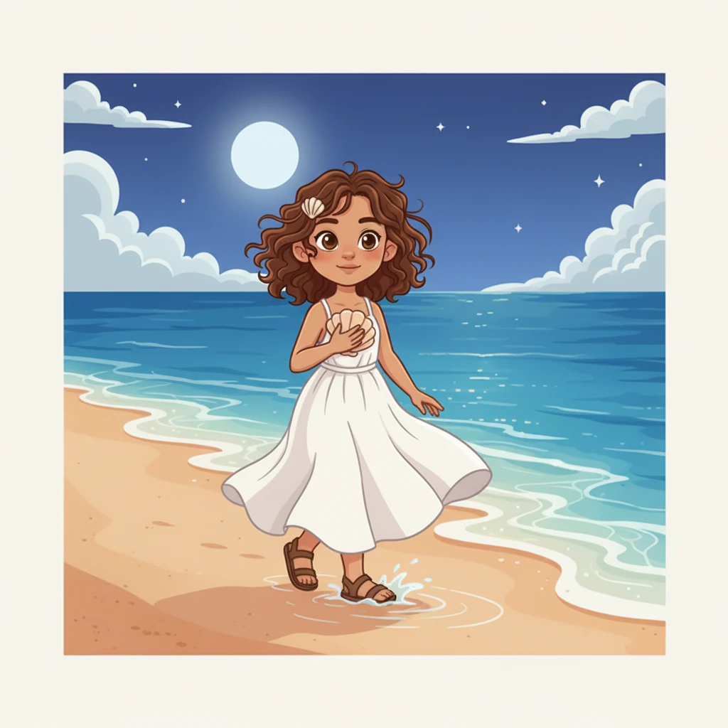 With a contented sigh, Aria began her walk home, the moonlight now guiding her steps. The sound of the waves became a lullaby, and she carried the day's serene beauty in her heart, knowing she would return to the seaside soon. Her white dress shimmered under the gentle moonlight.