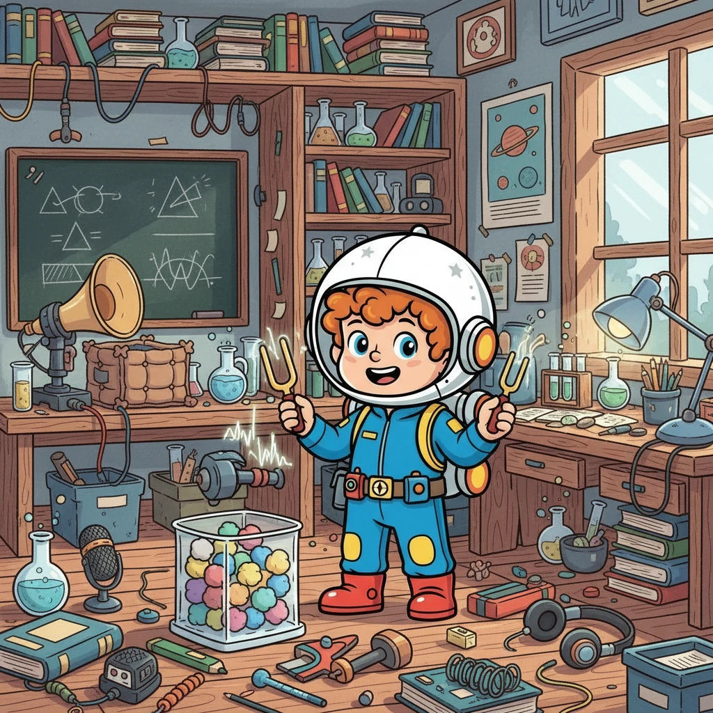 Marco, un ragazzo curioso con una passione per la scienza, si trovava nel suo laboratorio. Era circondato da libri, strumenti e progetti a metà. Oggi, aveva deciso di affrontare una sfida: capire come il suono viaggia e come può essere bloccato.