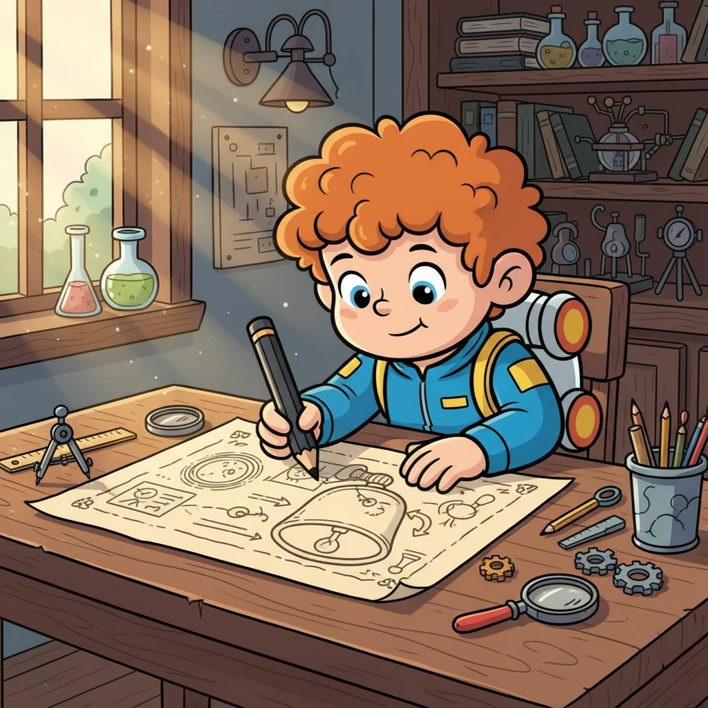 Il primo passo di Marco fu disegnare i suoi progetti. Con cura, tracciò i contorni di una campana a vuoto e di un aspiratore. Immaginò come l'aria, invisibile ma potente, avrebbe giocato un ruolo cruciale nel suo esperimento.