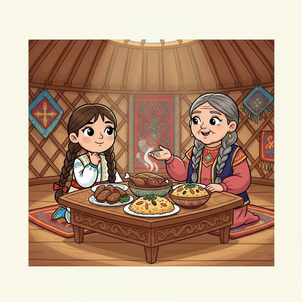 Әжесі Айгүлге дастархан туралы әңгімелей бастады. Ол қазақ дастарханының қаншалықты маңызды екенін, қонақжайлылық пен берекенің символы екенін айтты. Әжесі оған бауырсақ, ет пен палаудың тарихын баяндады.