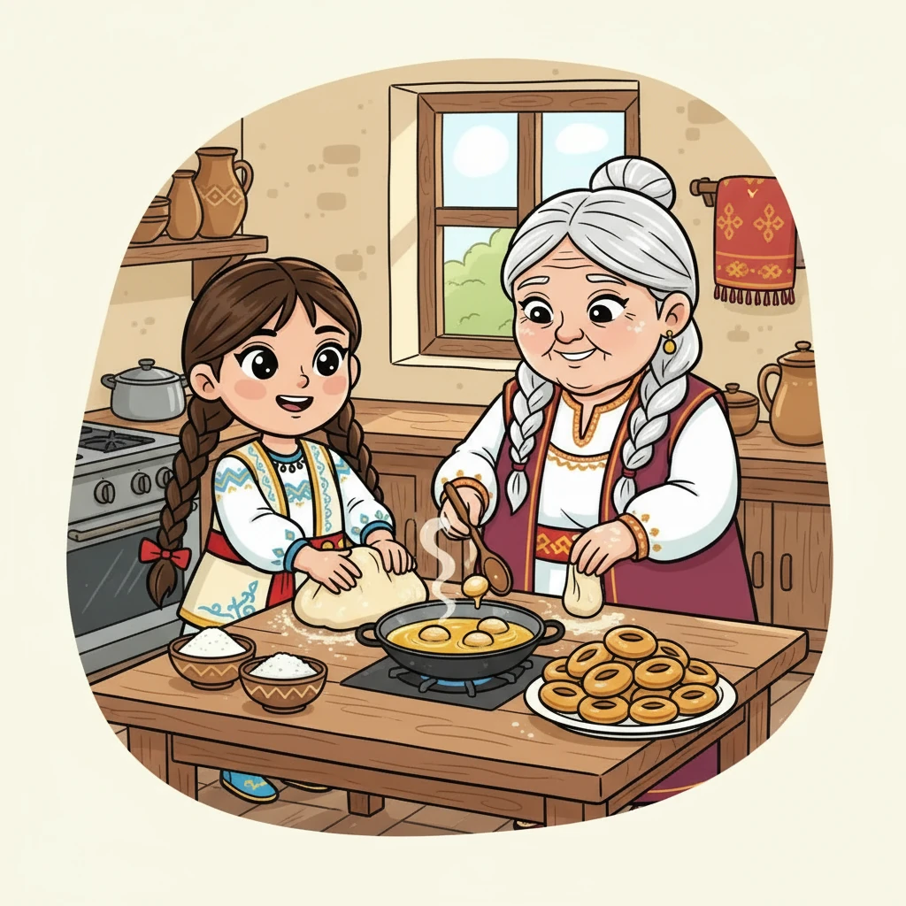 Айгүл әжесімен бірге бауырсақ пісіруге кірісті. Ұн, су, тұзды араластырып, қамыр иледі. Содан соң, кішкентай домалақтар жасап, қызған майға салды. Бауырсақтар алтын түске енгенде, Айгүл қуанды.