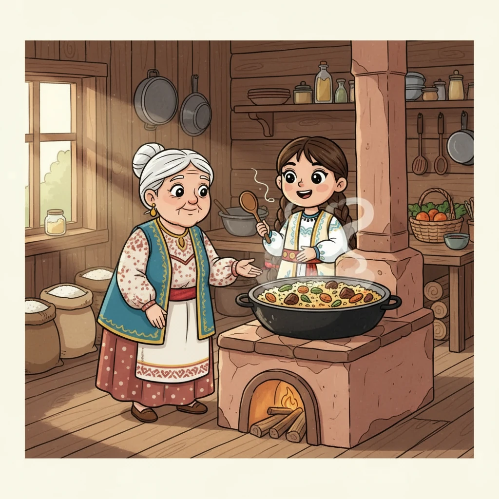 Келесі күні Айгүл палау жасауды үйренді. Әжесі оған күріштің, еттің және көкөністердің қалай дайындалатынын көрсетті. Айгүл палаудың иісіне тәнті болып, асыға күтті.