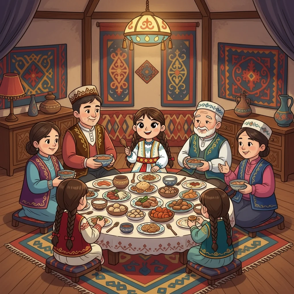 Дастарханға барлық туыстары жиналды. Олар дәмді тағамдарды ішіп, әңгімелесті. Айгүл өзін бақытты сезінді, себебі ол отбасының жылулығын және қазақ мәдениетін сезінді.