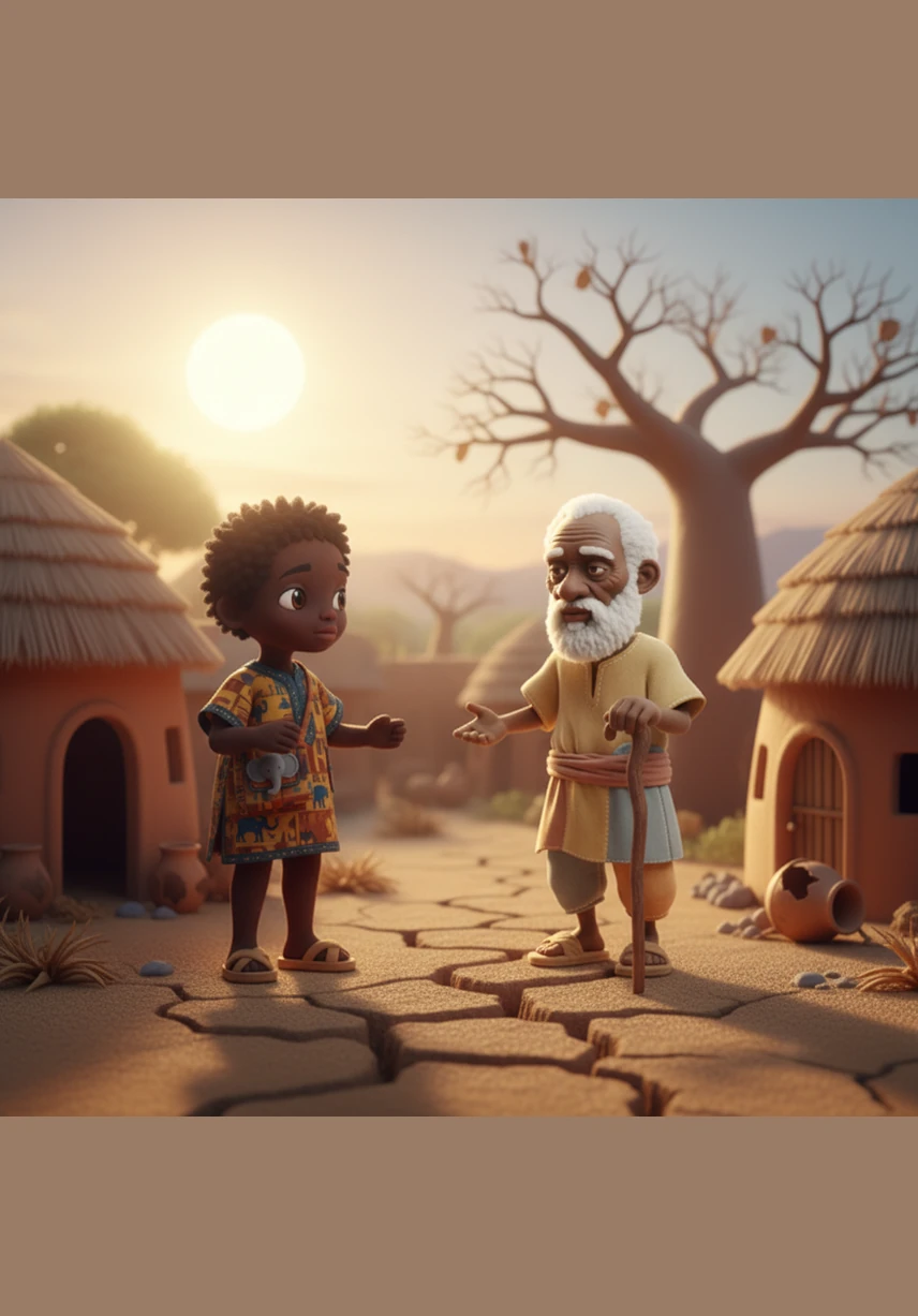 Sous un soleil de plomb, la terre rouge du village de Kofi se craquelle, assoiffée par des mois sans pluie. Les baobabs millénaires se dressent comme des sentinelles fatiguées au-dessus des huttes au toit de chaume, tandis qu'une brume de chaleur ondule sur l'horizon lointain.