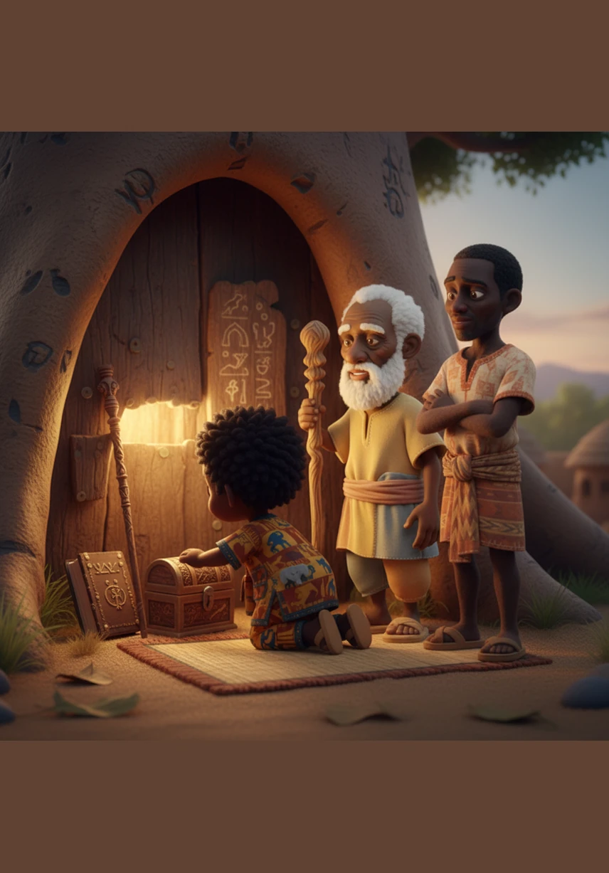 En explorant le creux d'un vieil arbre sacré à l'écart du village, Kofi découvre un tambour ancestral recouvert de motifs mystérieux et de peaux usées. Il sent une vibration étrange émaner de l'instrument, comme un battement de cœur lointain qui l'appelle par son nom.