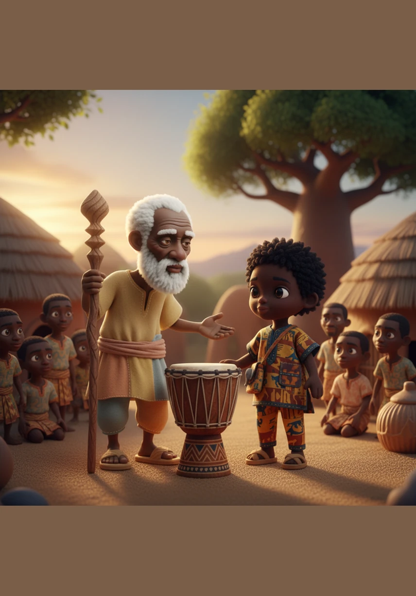 Le vieux sage du village, appuyé sur son bâton sculpté, raconte à Kofi que ce tambour possède le pouvoir oublié d'appeler les nuages s'il est joué avec un cœur pur. Kofi regarde l'instrument avec un mélange de crainte et de détermination, comprenant que le destin de son peuple repose entre ses mains.