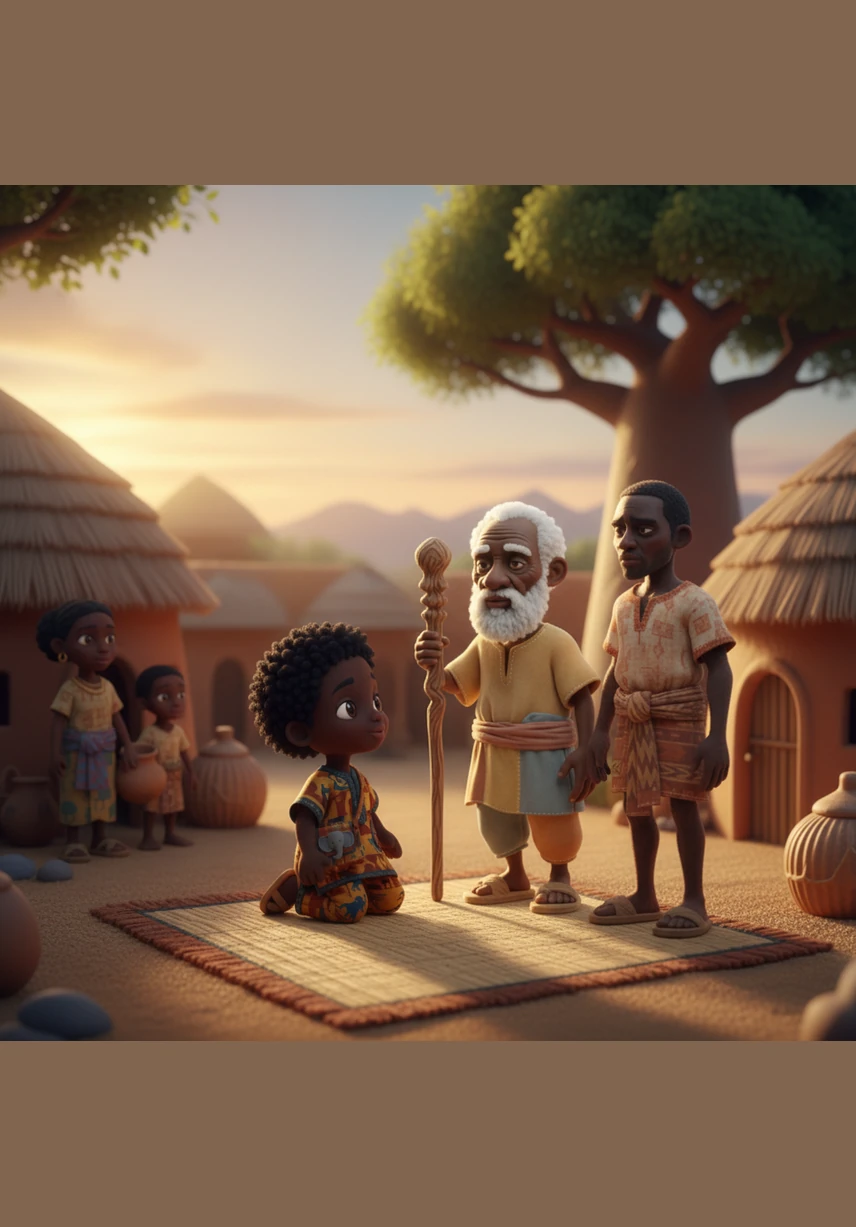 Les villageois, épuisés par la chaleur, observent Kofi avec scepticisme alors qu'il transporte le tambour sacré vers la place centrale. La poussière s'élève sous ses pas déterminés, mais ses yeux brillent d'une lueur d'espoir inébranlable qui force le respect des anciens.