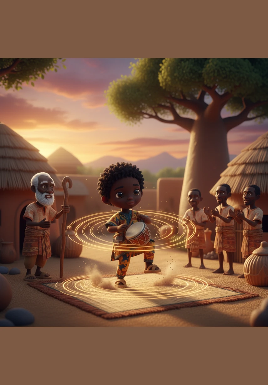 Au coucher du soleil, alors que le ciel se pare de teintes orange et violettes spectaculaires, Kofi entame une danse rythmée au son de son tambour. Le son devient plus puissant et plus profond, vibrant à travers le sol jusque dans les racines les plus profondes des arbres.