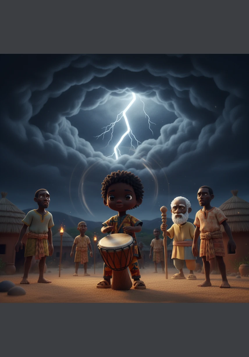 Soudain, des nuages sombres et menaçants s'amoncellent au-dessus du village, occultant les premières étoiles de la nuit. Un premier éclair déchire l'obscurité, suivi d'un grondement de tonnerre puissant qui semble répondre directement au rythme effréné du tambour de Kofi.
