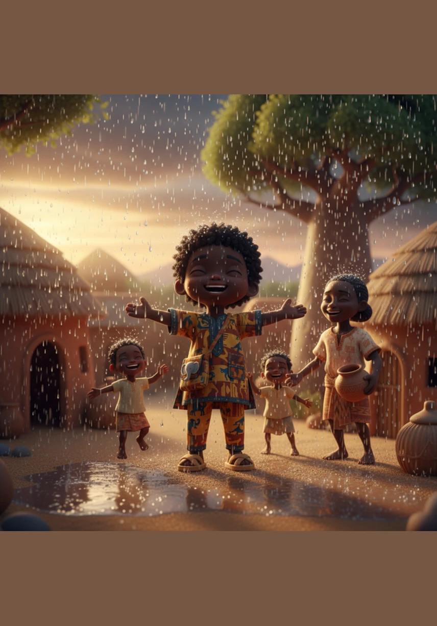 Les premières gouttes de pluie tombent enfin, transformant instantanément la poussière rouge en une odeur de terre fraîche et fertile. Les villageois sortent de leurs maisons en riant, levant les bras vers le ciel pour célébrer ce miracle tant attendu sous l'averse bienfaisante.