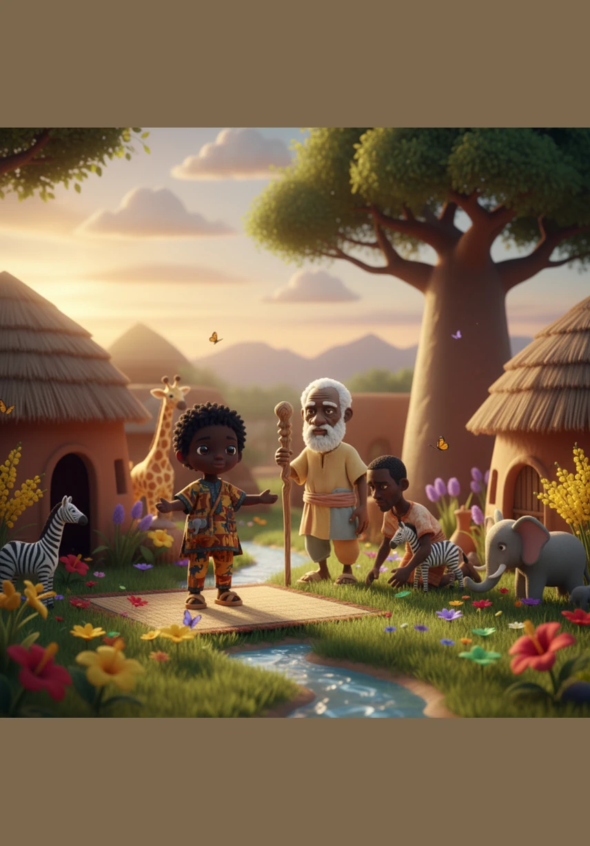 Le lendemain, la savane reverdit miraculeusement et la vie reprend ses droits dans une explosion de couleurs et de chants d'oiseaux. Kofi, le tambour sacré à ses côtés, contemple l'horizon avec la sagesse tranquille de ceux qui ont appris à parler au ciel et à sauver leur terre.