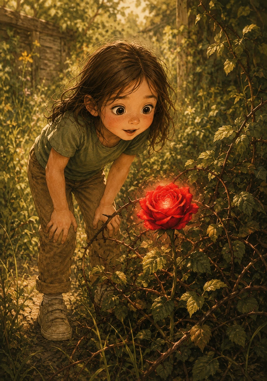 Lily loved exploring the overgrown corners of her grandmother's garden, where the weeds grew tall and the shadows played tricks on her eyes. One sunny afternoon, she noticed a vibrant crimson rose blooming in the center of a tangled briar patch, glowing with an unusual, soft light. As she leaned in closer to admire its velvety petals, a gentle, melodic voice whispered a greeting that made her gasp in delight.