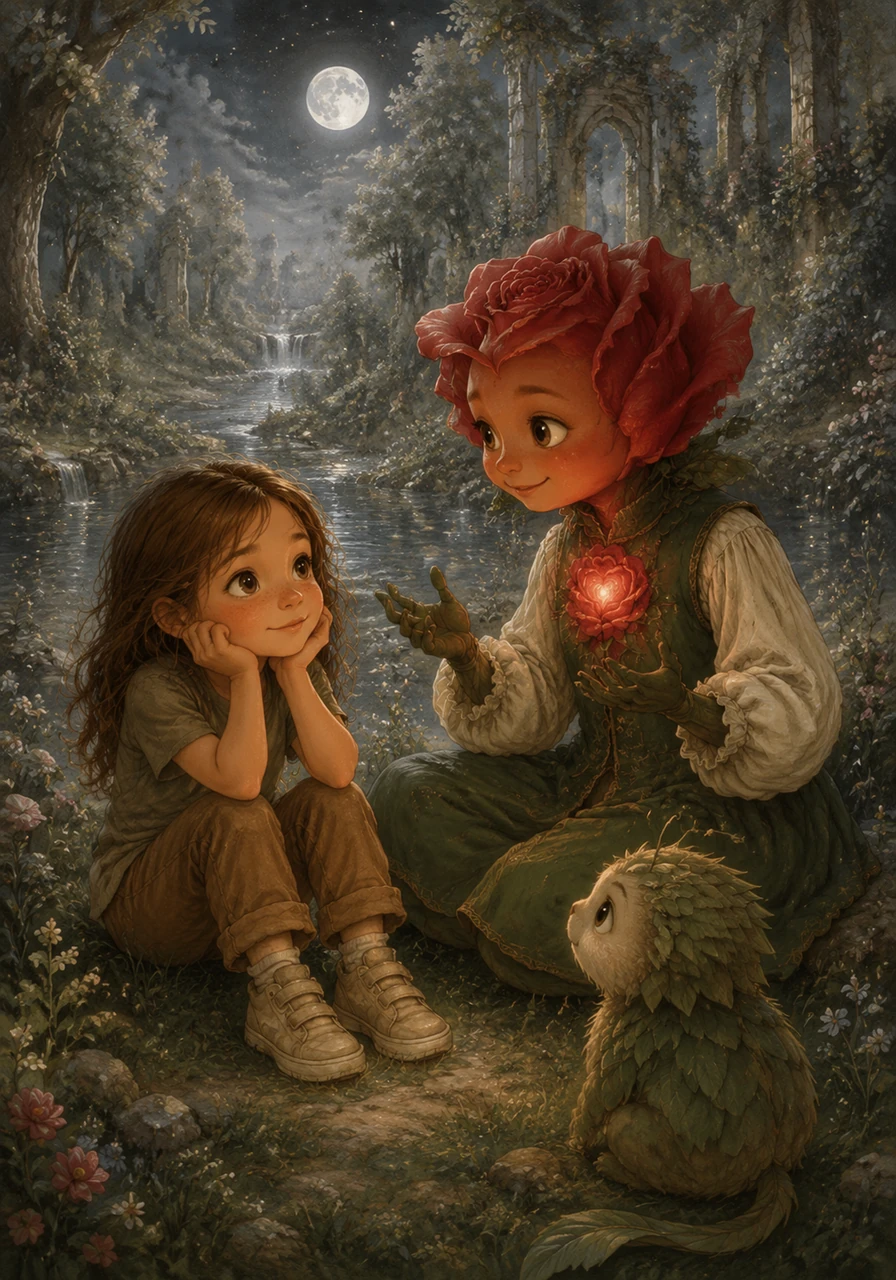 The rose introduced himself as Rosalind and explained that he was the last guardian of Eloria, a magical realm that had faded from human memory. He spoke of sparkling rivers that hummed tunes and trees that danced under the silver moonlight, leaving Lily completely spellbound. Rosalind revealed that only a child with a pure heart and a keen sense of wonder could help restore the magic to his dying world.