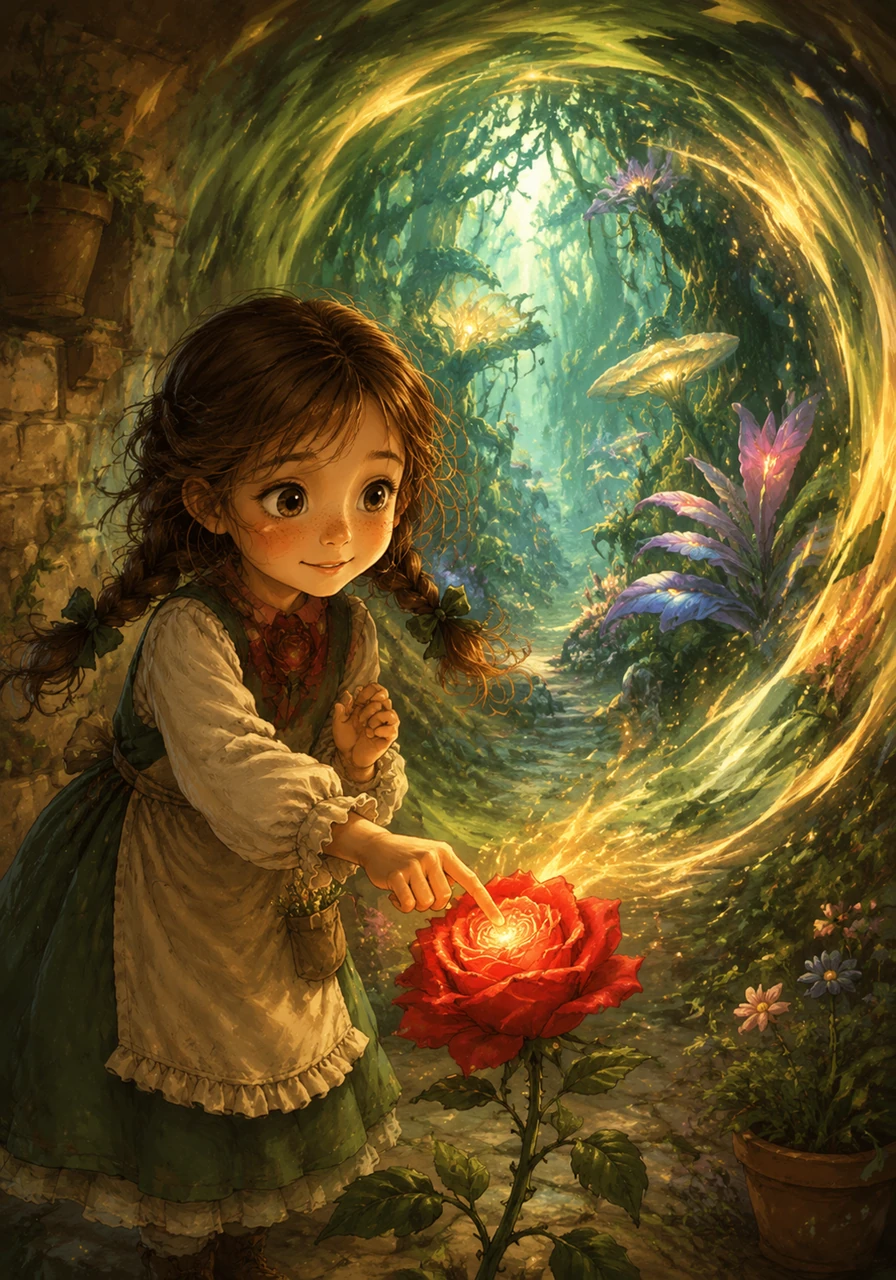 To begin her quest, Lily gently touched the central petal of the rose, just as Rosalind instructed her to do. Instantly, the garden around her began to blur and swirl into a vortex of emerald green and shimmering gold light. When the wind died down, the ordinary brick walls of her backyard were gone, replaced by a breathtaking, luminous forest filled with plants she had never seen before.