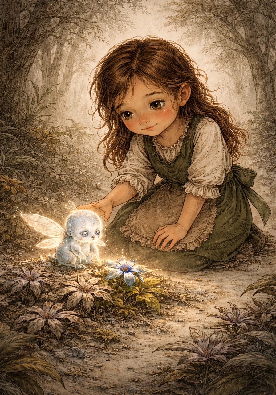 Walking deeper into Eloria, Lily noticed that the once-vibrant landscape was covered in a thin layer of gray dust, making the magical plants look tired and droopy. She met a tiny, glowing sprite named Pip who was weeping softly over a withered patch of star-shaped flowers. Lily knelt down, offering kind words of comfort, and realized that her gentle empathy caused the gray dust on the nearest flower to melt away.
