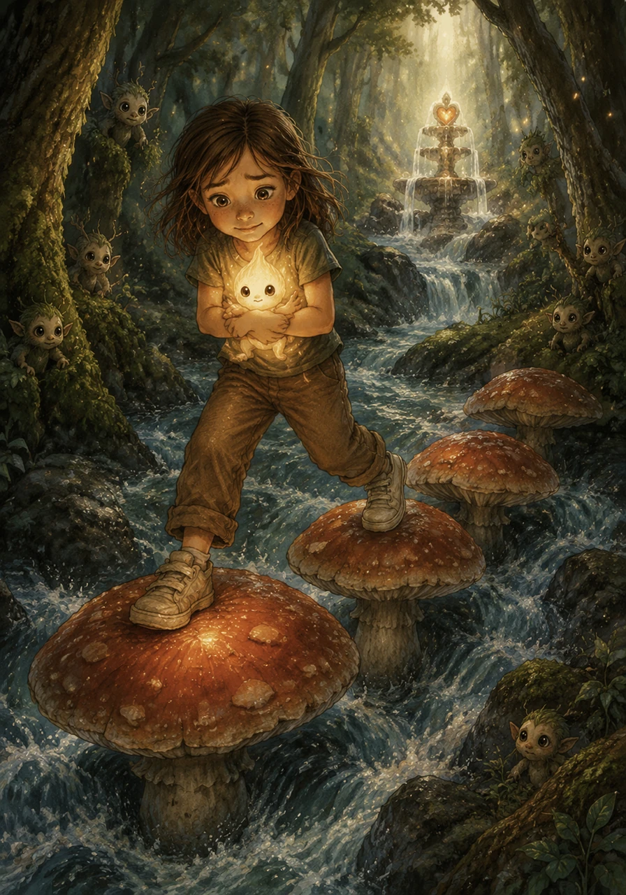 Pip happily joined Lily on her journey, guiding her toward the Heartstone Fountain, the source of Eloria's fading magic. Along the way, they had to cross a rushing stream on a bridge made of giant, slippery toadstools that wobbled with every step. Holding Pip's tiny light close for balance, Lily braved her fears and carefully stepped across, proving her courage to the watching forest spirits.