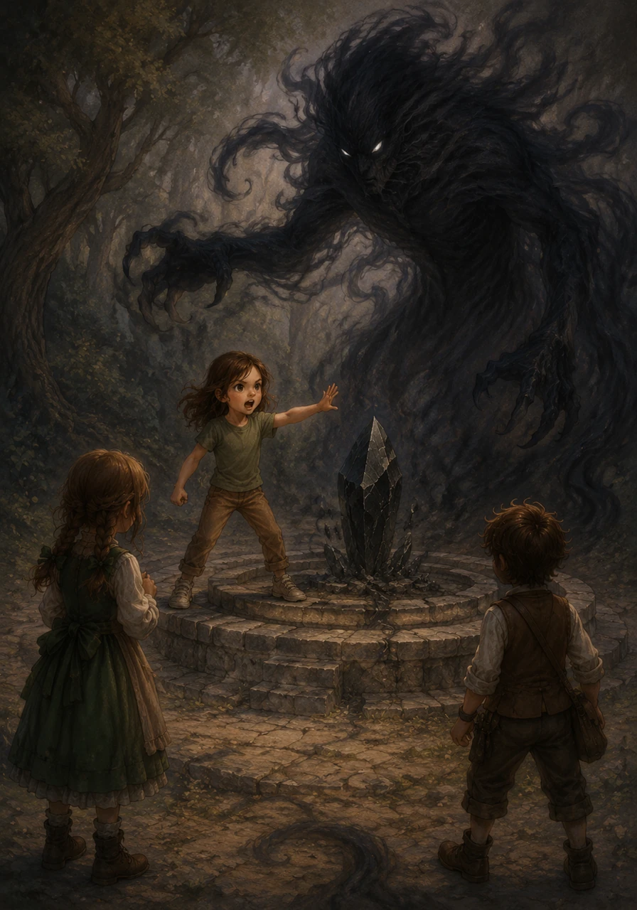 At the center of a grand clearing stood the Heartstone Fountain, but its waters had stopped flowing and the great crystal in the middle was dark and cracked. A shadow creature made of doubts and forgotten dreams loomed over the fountain, trying to scare the intruders away. Instead of running, Lily took a deep breath, stepped forward, and loudly spoke of her favorite happy memories from the garden back home.
