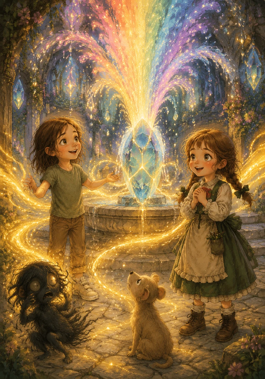 As Lily shared her joyous stories, the shadow creature began to shrink, unable to withstand the warmth of genuine happiness and hope. Her words transformed into a brilliant wave of golden energy that enveloped the cracked crystal, sealing its fractures with lines of pure light. With a resonant chime that echoed through the entire realm, the fountain suddenly burst forth with sparkling, rainbow-colored water.
