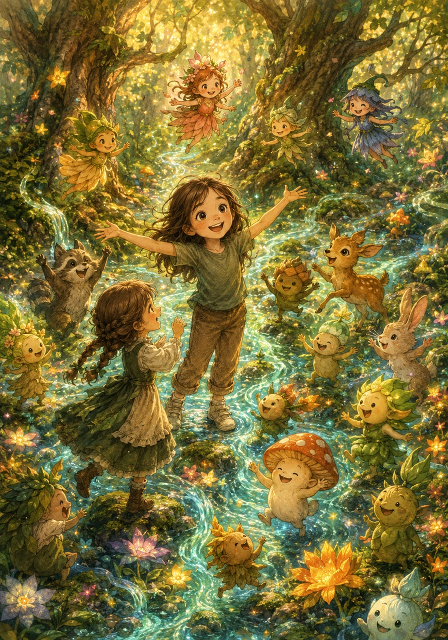 The magical waters flowed outward through the forest, washing away the gray dust and restoring vibrant color to every leaf and petal. The star-shaped flowers bloomed instantly, and the ancient trees began to sway and sing their long-lost melodies once again. Pip and dozens of other forest spirits danced joyfully around Lily, celebrating the return of life and magic to Eloria.