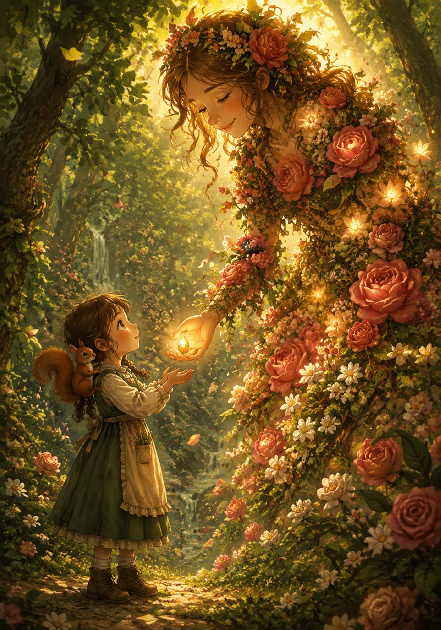 Rosalind appeared before Lily once more, no longer a single rose in a briar patch, but a magnificent, towering floral spirit radiating warmth. He thanked Lily for her bravery and kindness, explaining that Eloria would now thrive as long as children kept believing in magic. He handed her a single, glowing seed as a token of everlasting friendship and a key to return whenever she wished.