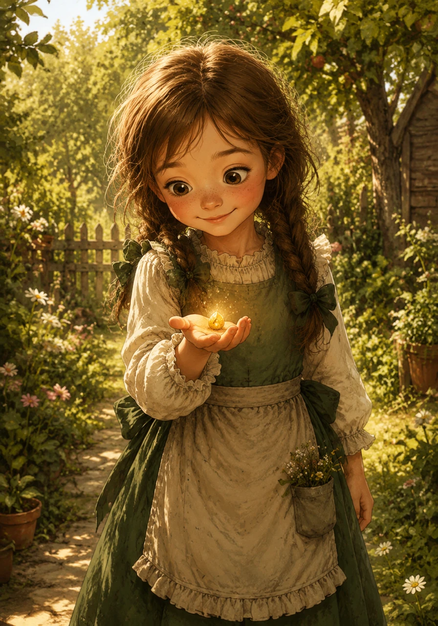 With a gentle flash of light, Lily found herself back in her grandmother's ordinary garden, the warm afternoon sun still shining bright. Everything looked exactly the same, but when she looked down, she found the glowing magical seed resting safely in the palm of her hand. She smiled, knowing that the extraordinary world of Eloria was real, and it would always be just a whisper away.
