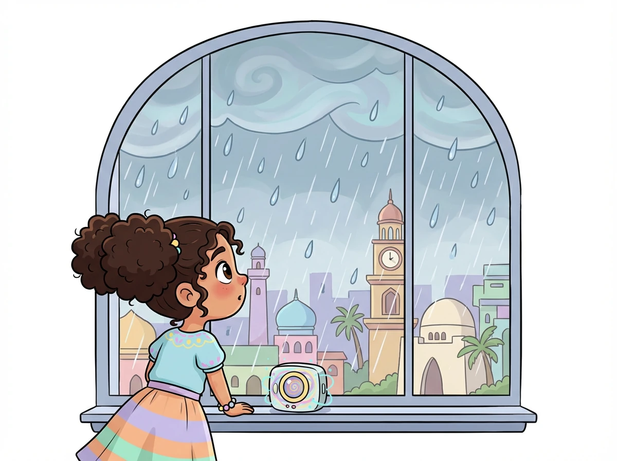 Zara, una niña curiosa y apasionada por la tecnología, observa la fuerte lluvia caer sobre Karachi desde la ventana de su casa.