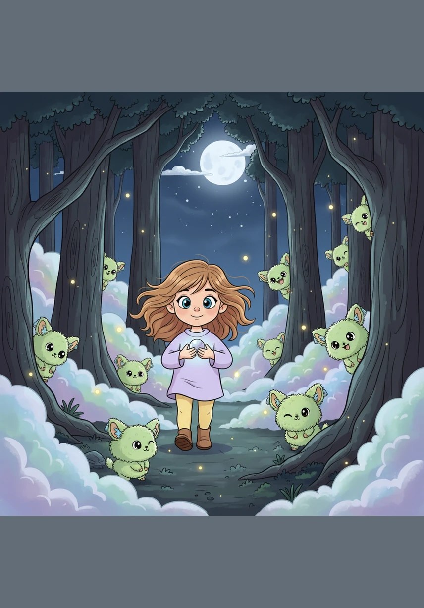 Маленькая Диана стояла на опушке ночного леса, где туман мягким одеялом укрывал корни старых деревьев. Сердце девочки трепетало, как крылья мотылька, а тени вокруг казались таинственными и немного пугающими.